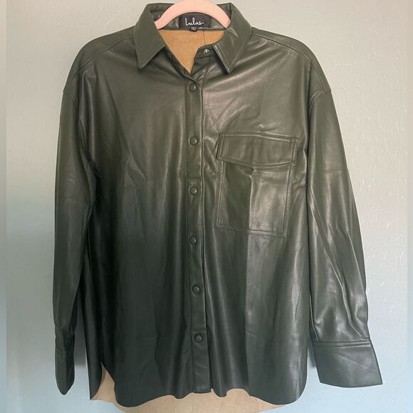 Lulus Vegan Leather Button-Up Oversized Shacket Army Green, XS - Picture 2 of 6